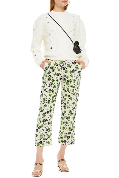 Shrimps Cropped Floral-print Seersucker Straight-leg Pants In White