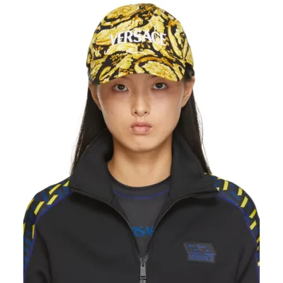 Versace Black Baroque Print Logo Baseball Cap In Yellow