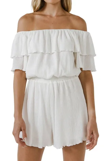 Free The Roses Texture Knit Ruffled Romper In White