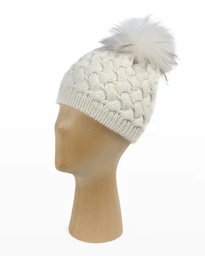 Raffaello Bettini Honeycomb Knit Cashmere Beanie W/ Fur Pompom In White