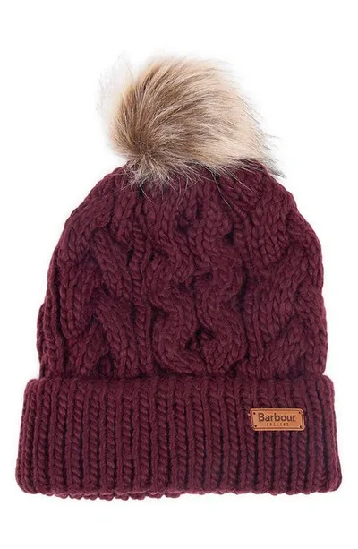 Barbour Penshaw Cable Faux Fur Pom Beanie In Bordeaux