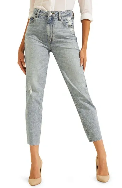 Guess Distressed Raw Hem Ankle Mom Jeans In Moonstone Blue