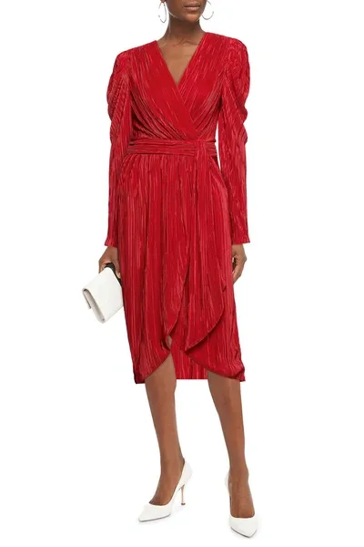 Jonathan Simkhai Wrap-effect Plissé-satin Midi Dress In Red