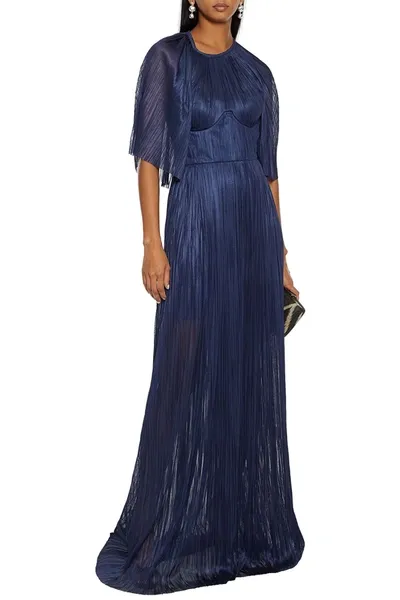 Maria Lucia Hohan Candance Cape-effect Plissé Silk-tulle Gown In Navy