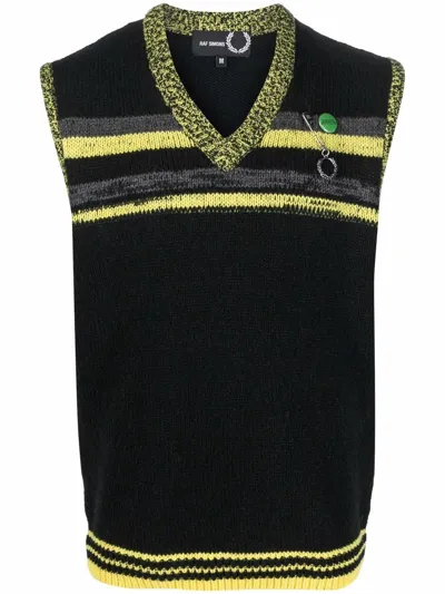 Fred Perry Striped-detail V-neck Knitted Vest In Black