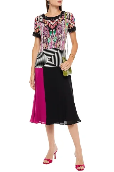 Etro Fringed Printed Silk Crepe De Chine Midi Dress In Multi