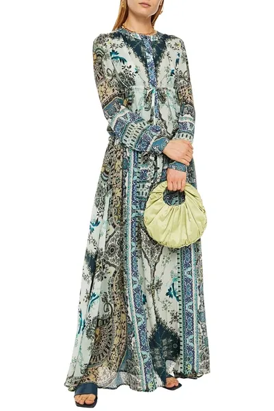 Etro Gathered Floral-print Silk-crepon Maxi Dress In Blue