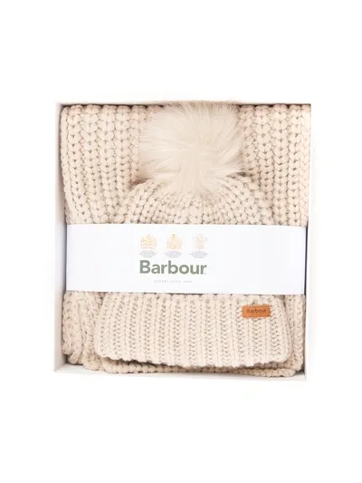 Barbour Scarf And Hat Set White  Woman In Beige