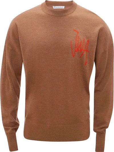 Jw Anderson Intarsia-logo Crew Neck Jumper In Brown