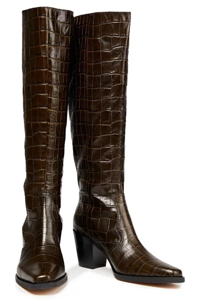 Ganni Croc-effect Leather Knee Boots In Green