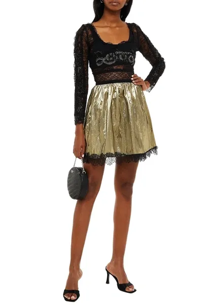 Red Valentino Lace-trimmed Pleated Lamé Mini Skirt In Gold