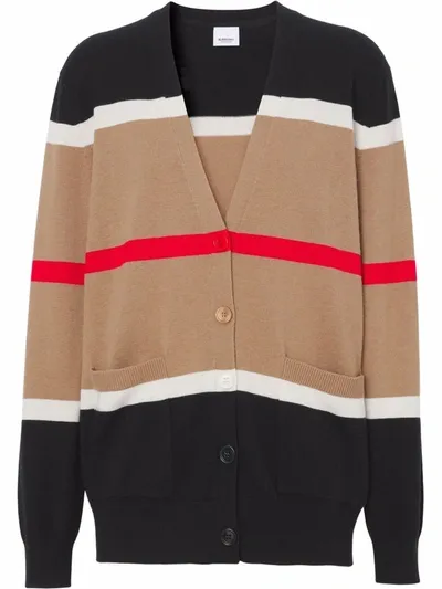 Burberry Phillipa Striped Cashmere And Silk-blend Cardigan In Camel