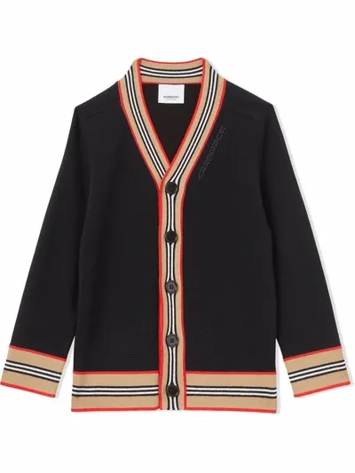 Burberry Kids'  Childrens Icon Stripe Trim Wool Cardigan In Black