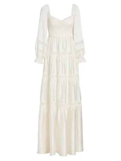 ml Monique Lhuillier Lace-trimmed Shirred Hammered-satin Maxi Dress In Pearl