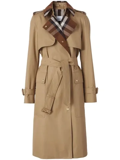 Burberry Check Panel Cotton Gabardine Trench Coat In Brown