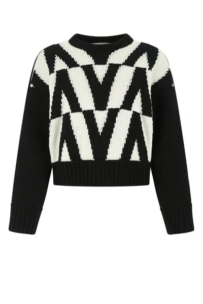 Valentino White And Black Wool Jacquard Sweater In Black/ivory