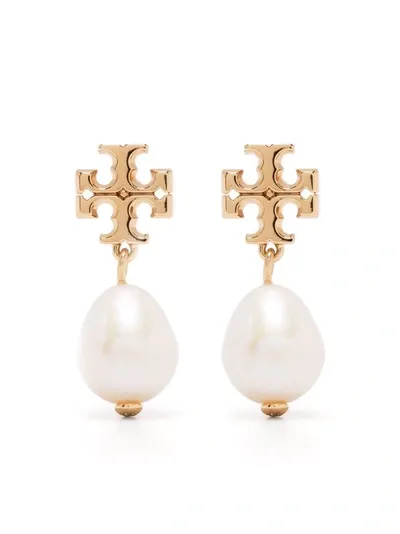 Tory Burch Logo Pearl Drop Earrings In Gold