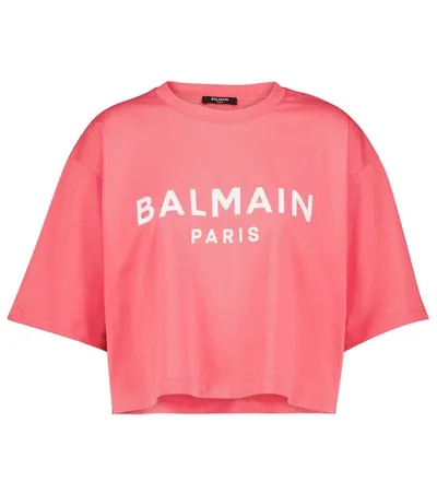 Balmain Pink Cotton Cropped T-shirt With Logo Print