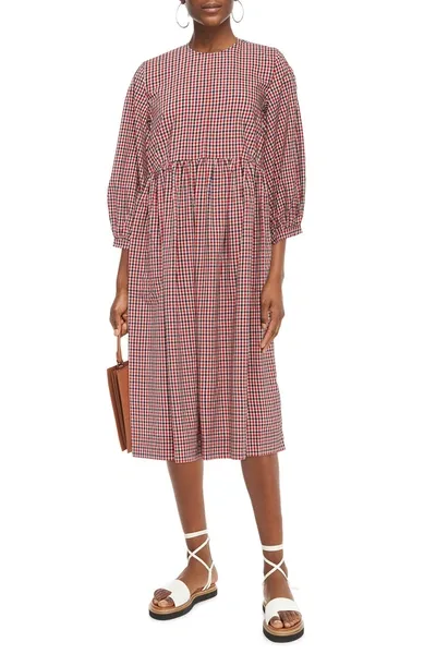 And-daughter Rosalie Gathered Gingham Woven Midi Dress In Red