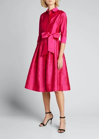 Rickie Freeman For Teri Jon Taffeta Shirt Dress W/ Eyelet Skirt In Hot Pink