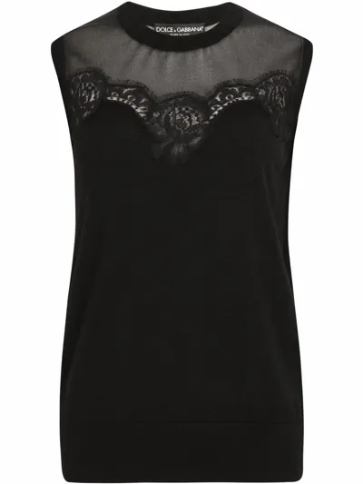 Dolce & Gabbana Sleeveless Cashmere And Silk Sweater With Lace In Black