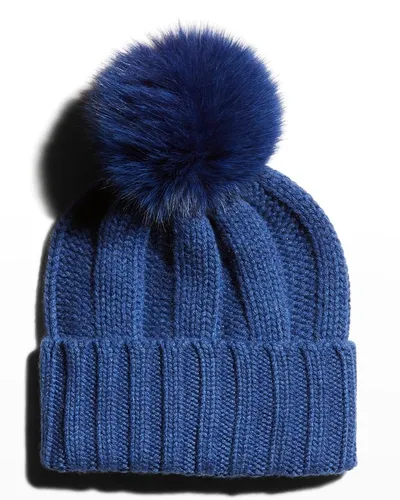 Raffaello Bettini Cable Cashmere Knit Beanie W/ Fur Pompom In Odo