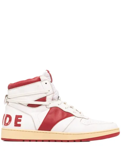 Rhude Rhecess Leather High Top Sneakers In White Red