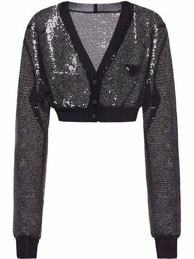 Prada Cropped Sequin-embroidered Cardigan In Schwarz