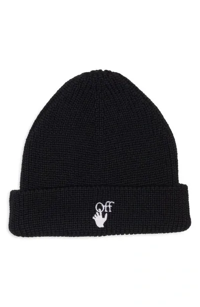 Off-white Hands Off Ribbed-knit Beanie In Black White