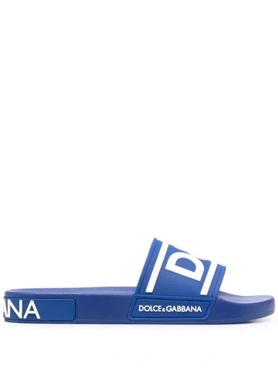 Dolce & Gabbana Logo-print Detail Pool Slides In Blue Bianco