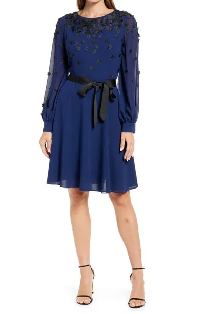 Shani Floral Embellished Long Sleeve Dress In Navy