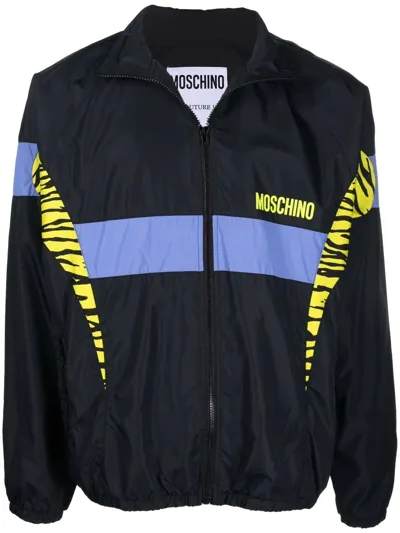 Moschino Tiger Details Light Nylon Windbreaker In Black