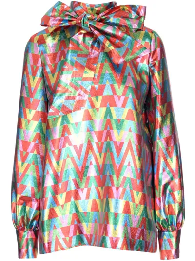 Valentino Logo Detailed Bowed Neck Blouse In Multi