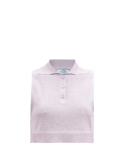 Prada Metallic-jersey Sleeveless Cropped Polo Shirt In Lilac