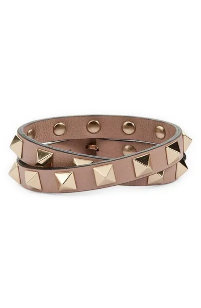 Valentino Garavani Rockstud Leather Double Wrap Bracelet In Poudre