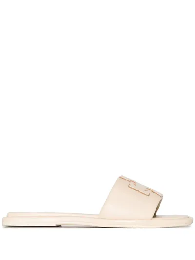 Tory Burch Double-t Padded Leather Slides In Dolce De Leche