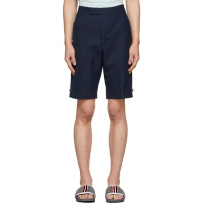 Thom Browne Navy Hopsack Weave School Uniform Backstrap Shorts In Blue