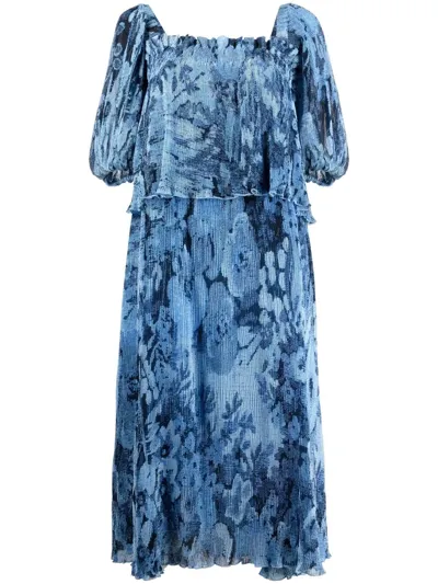 Ganni Floral-print Tiered Dress In Blau