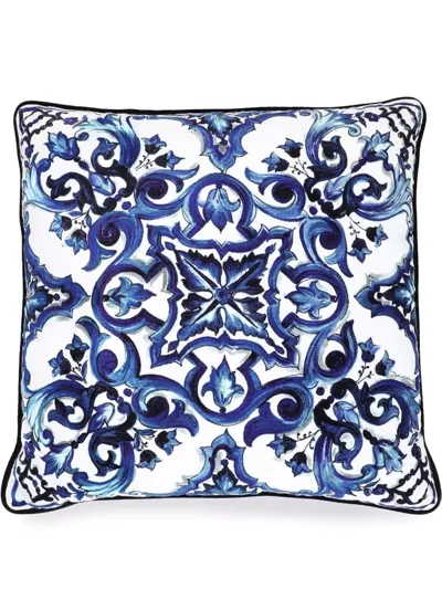 Dolce & Gabbana Medium Blu Mediterraneo-print Duchesse Cotton Cushion In Weiss