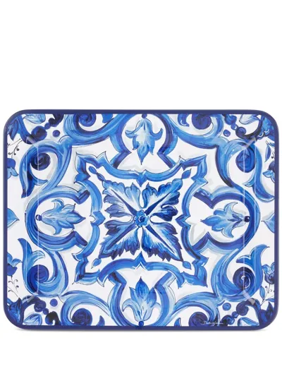 Dolce & Gabbana Medium Mediterraneo-print Wooden Tray In Blau