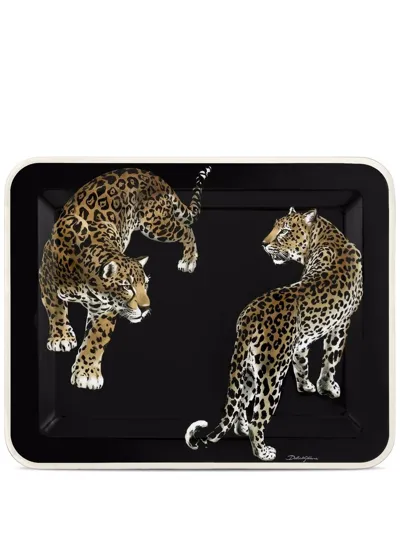 Dolce & Gabbana Medium Leopard-print Wood Tray In Black