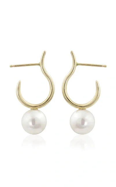 White/space Moon 14k Yellow Gold Pearl Hoop Earrings In White