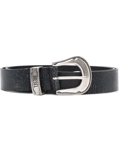 Diesel Red Tag Logo Engraved Buckle Belt In Black