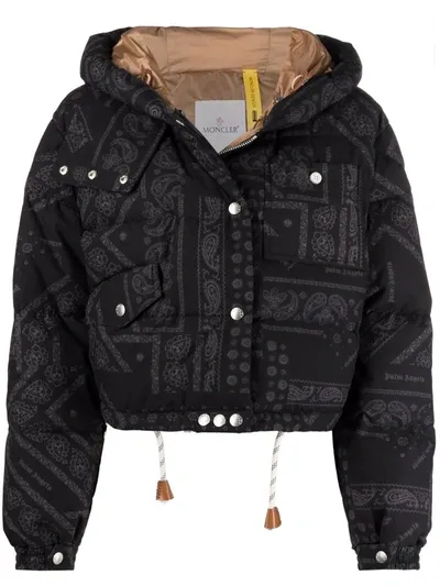 Palm Angels X Moncler Bandana-print Cropped Puffer Jacket In Black