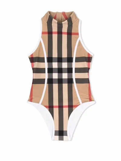 Burberry Teen Check-print Zip-front One-piece Swimsuit In Archive Beige