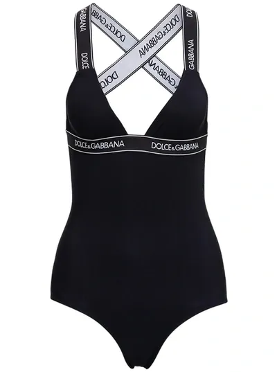 Dolce & Gabbana D G Crss Bk Swimsuit Elstcd Logo Trim V In Black