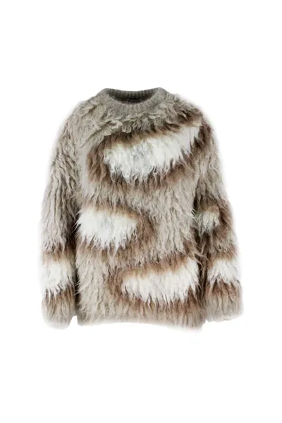 Brunello Cucinelli Mohair Intarsia Sweater With Monili On The Back Neck In Beige