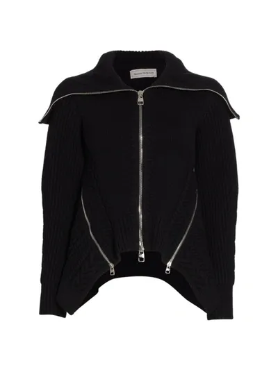 Alexander Mcqueen Zip-detailed Ribbed And Cable-knit Wool Cardigan In Black