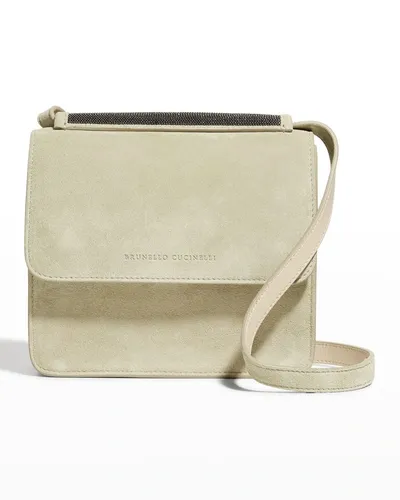 Brunello Cucinelli Suede Monili Flap Crossbody Bag In Neutrals