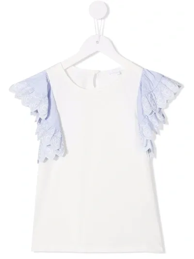 Chloé Kids White Top With Striped Ruffles On The Sleeves With Embroidered C